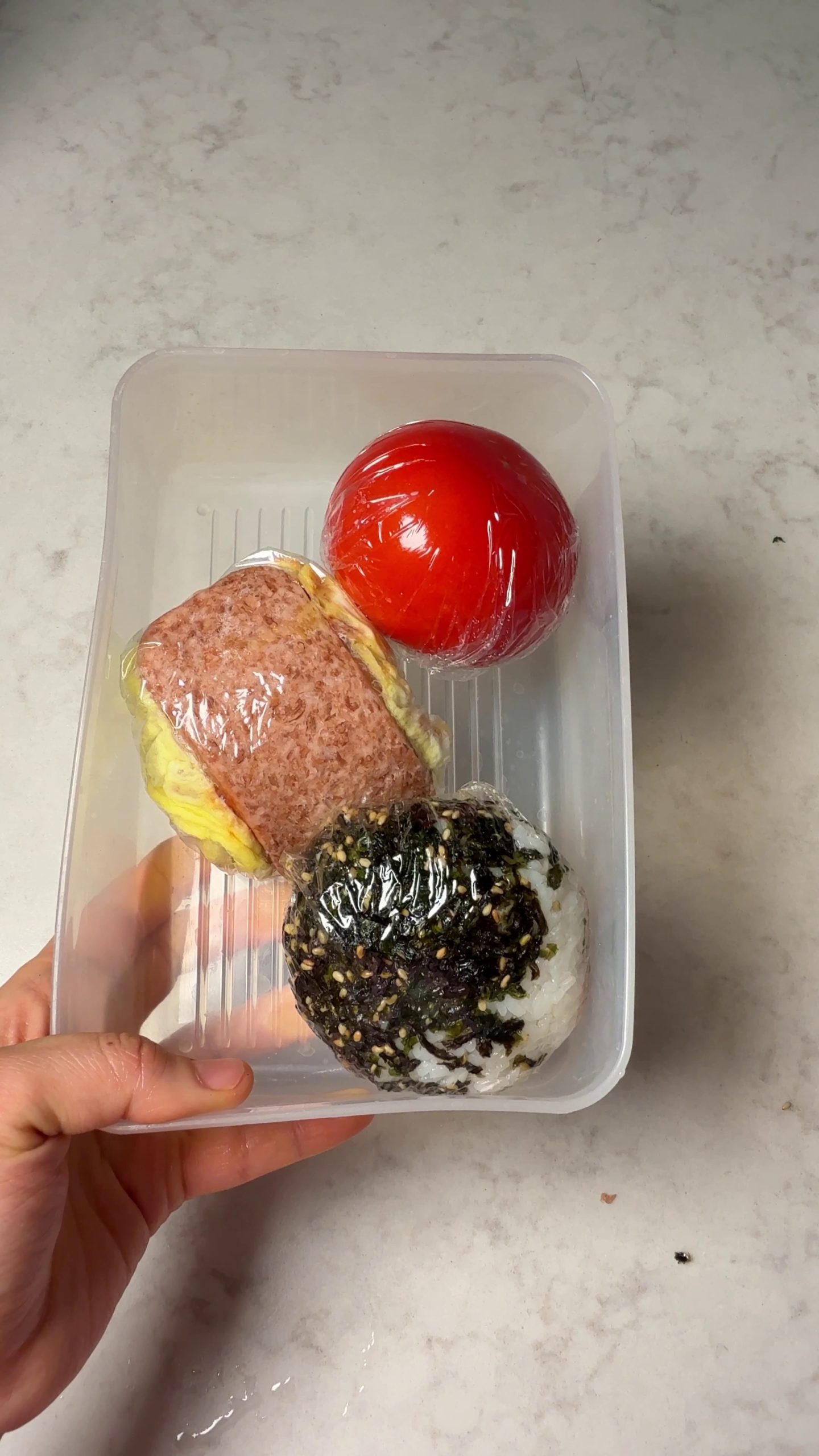 Ham and egg rice ball and tuna mayo seaweed rice ball wrapped in plastic