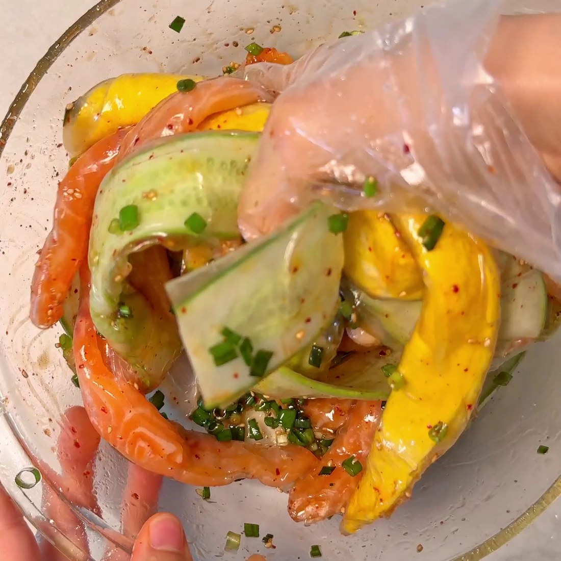Fillings being wrapped in the softened rice paper