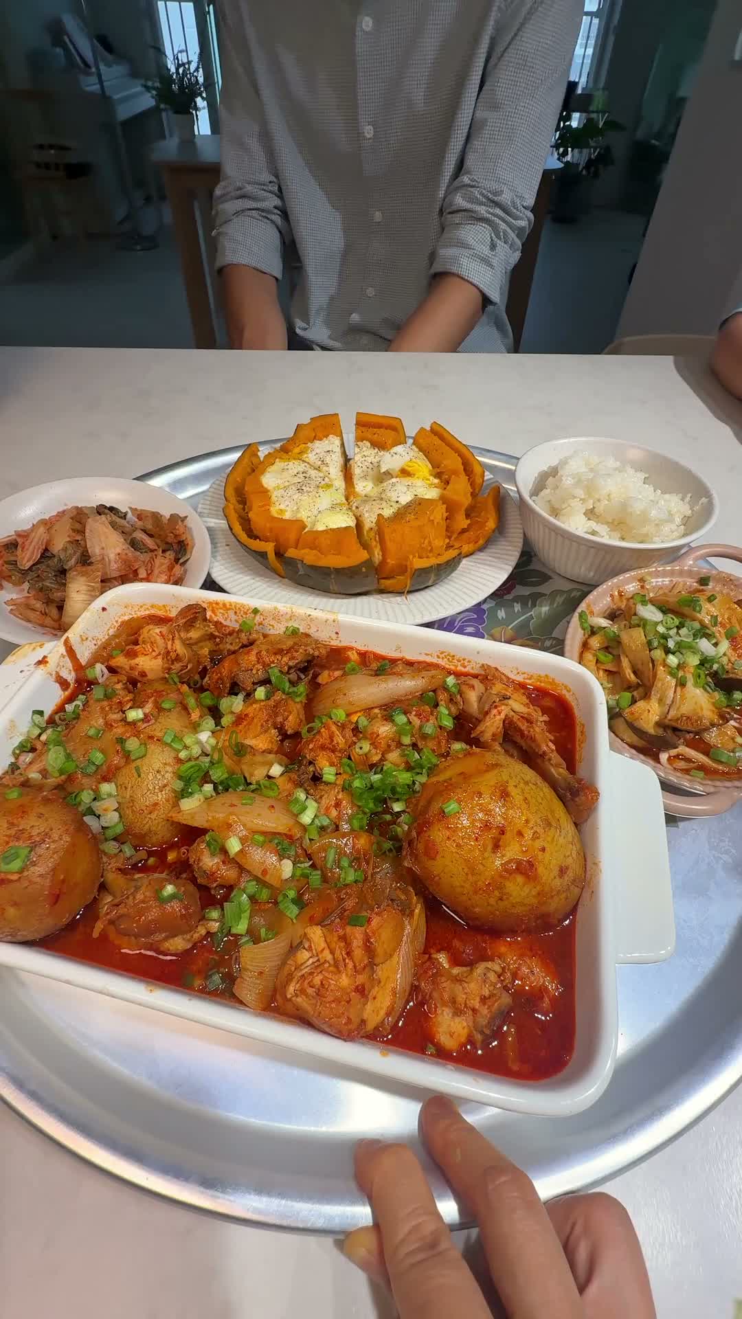 Sweet pumpkin egg salad, rice, kimchi, and dakdoritang chicken stew tray