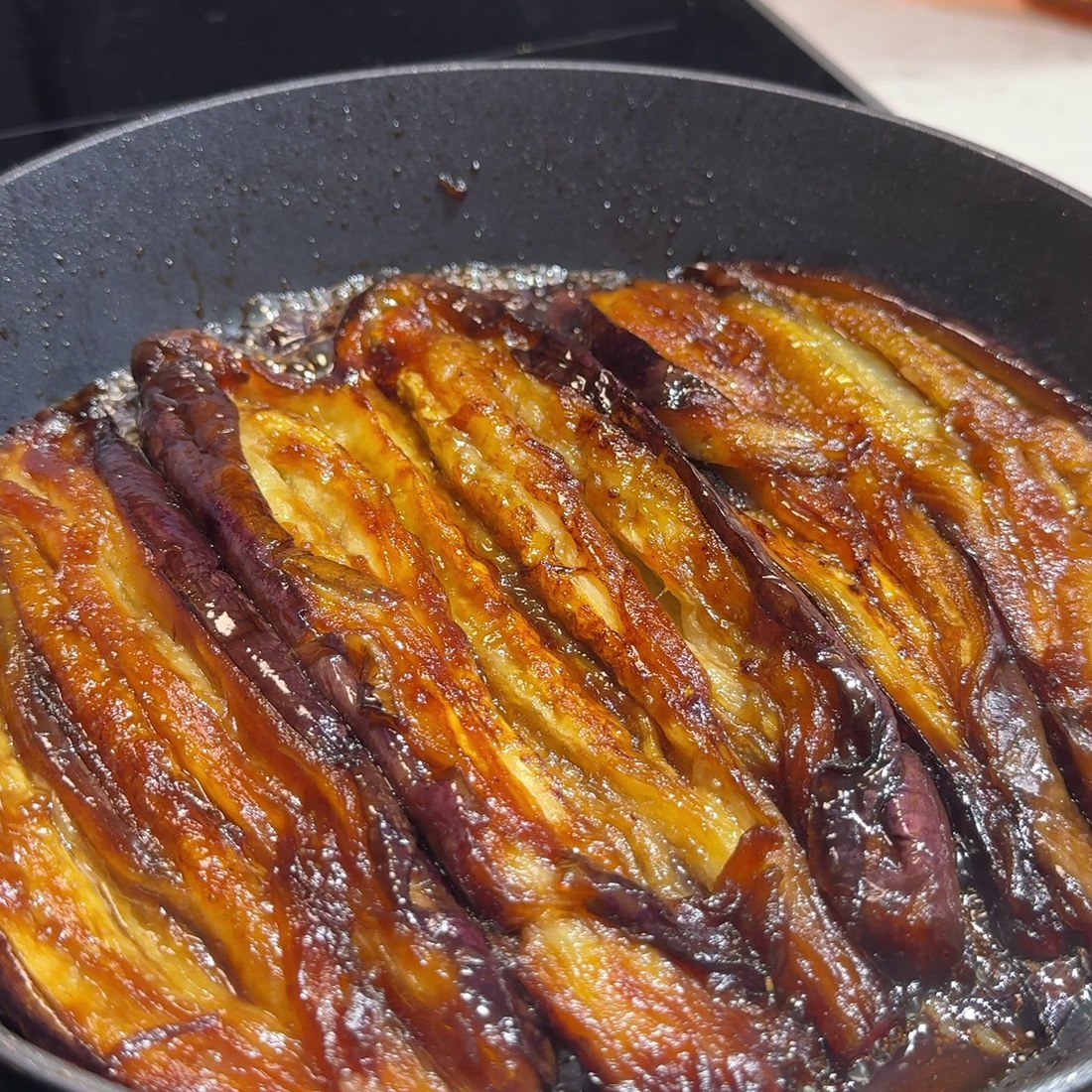 Eggplants braised in a glossy soy-agave glaze