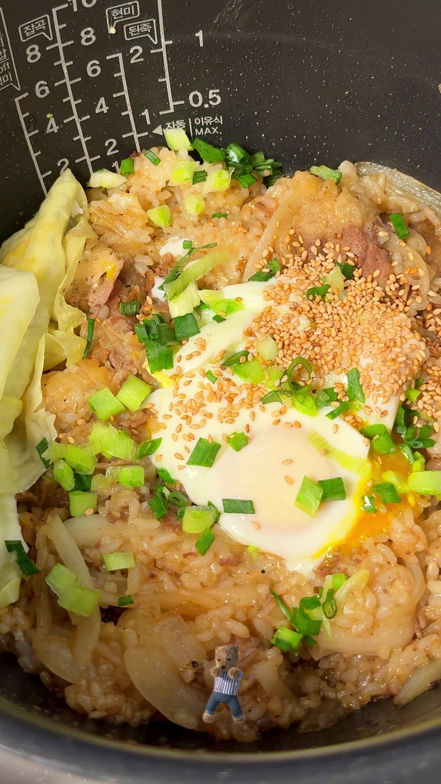 Gyudon rice cooker bowl with beef, egg, sesame seeds, and green onions