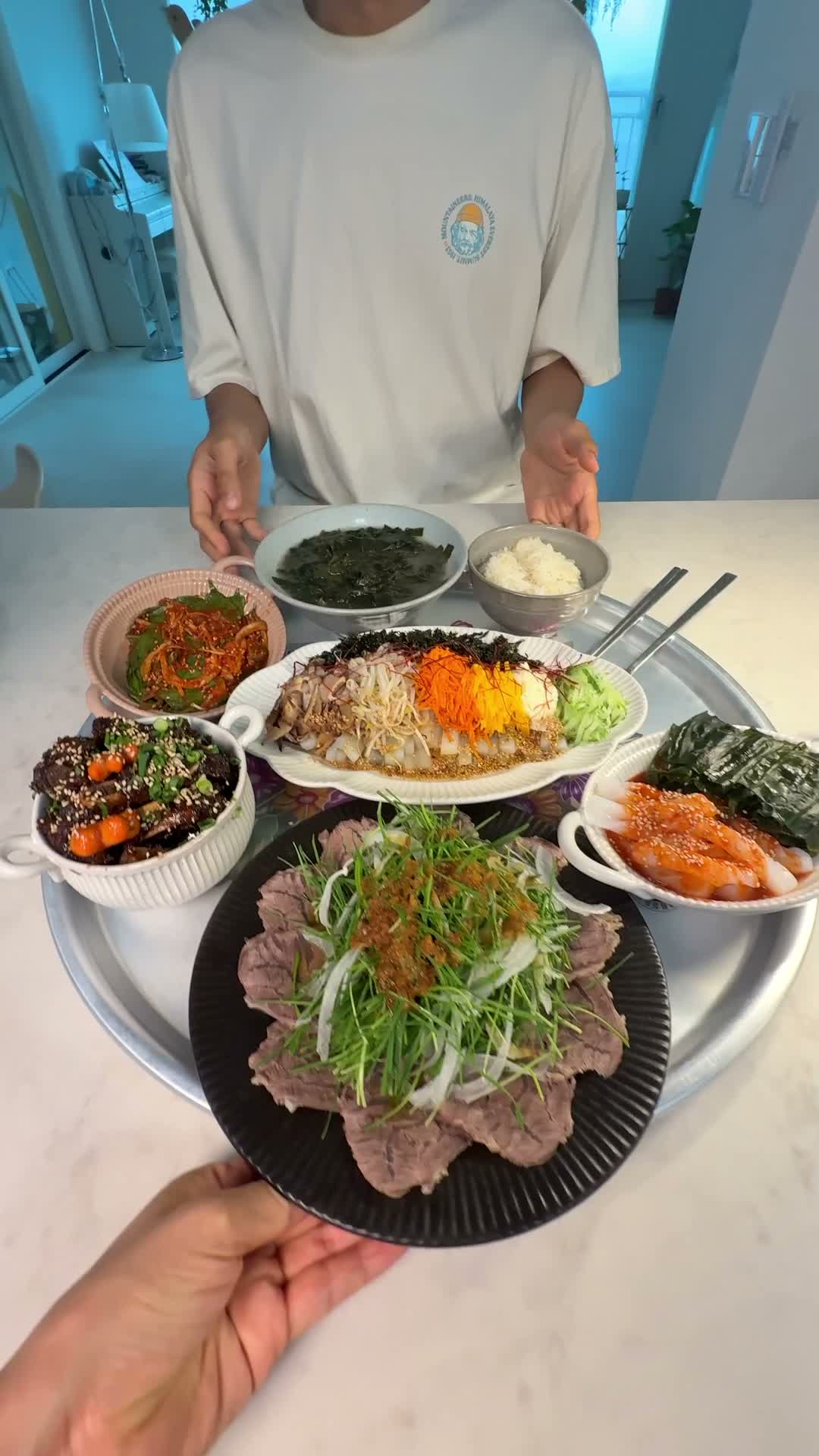 Mung bean jelly salad platter with bean sprouts, shiitake, and sliced beef
