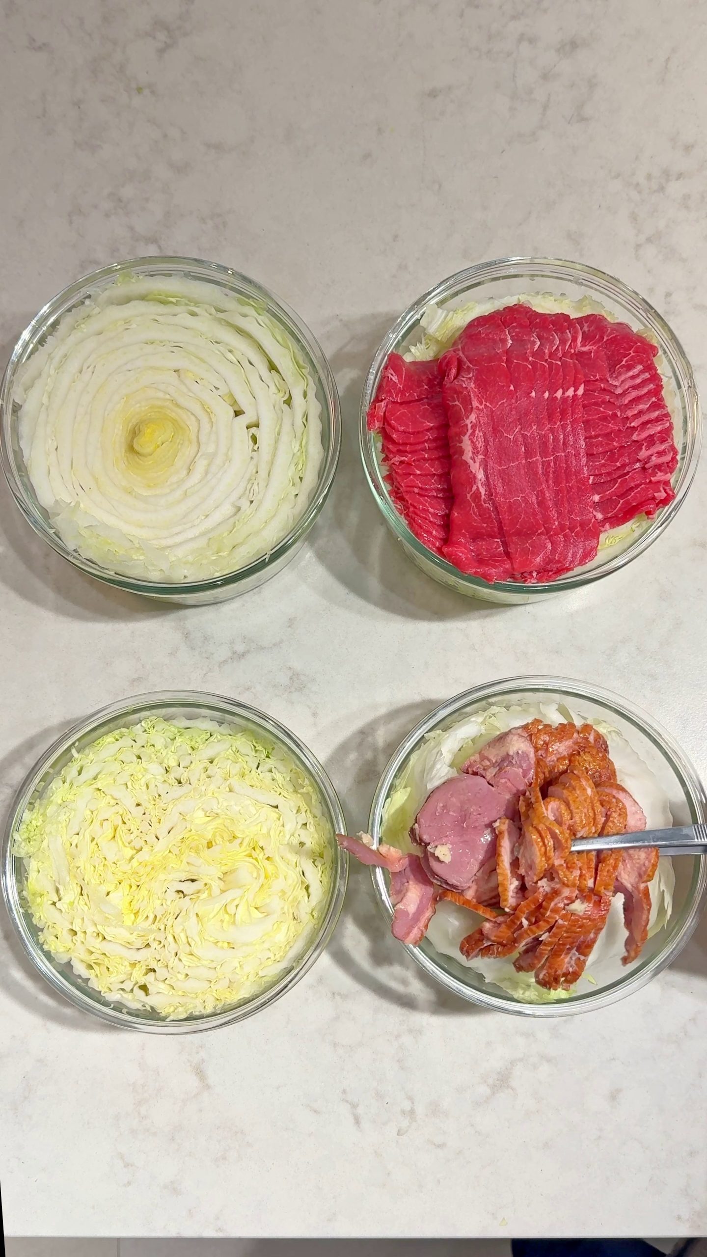 Napa cabbage meal prep with beef, sesame sauce, sweet potato, and rice