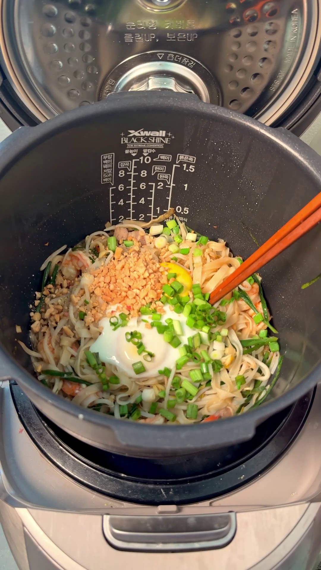 Pad thai with egg, peanuts, and green onions in a rice cooker