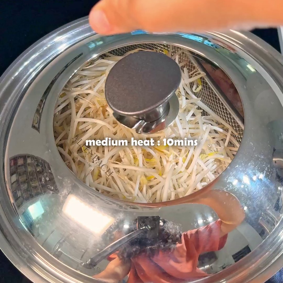 Steamer basket of bean sprouts over the chicken, lid on